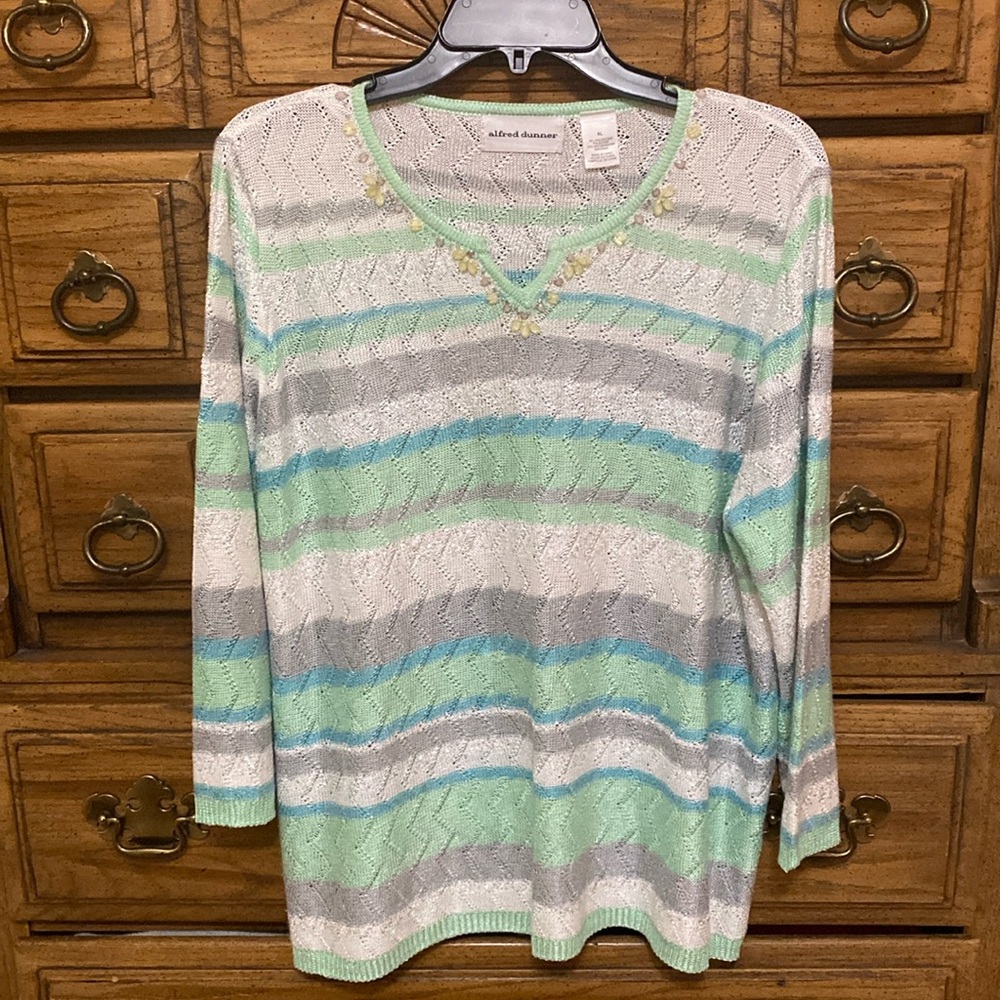 Alfred Dunner Knit Tunic Lightweight Sweater Green/White/Gray Women’s XL
